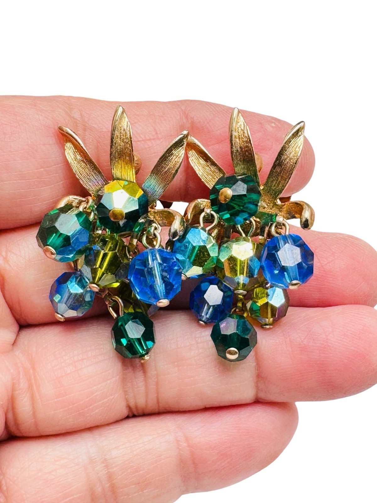 Vintage Schrager Blue Green AB Glass Dangle Bead Necklace Brooch Earrings Set