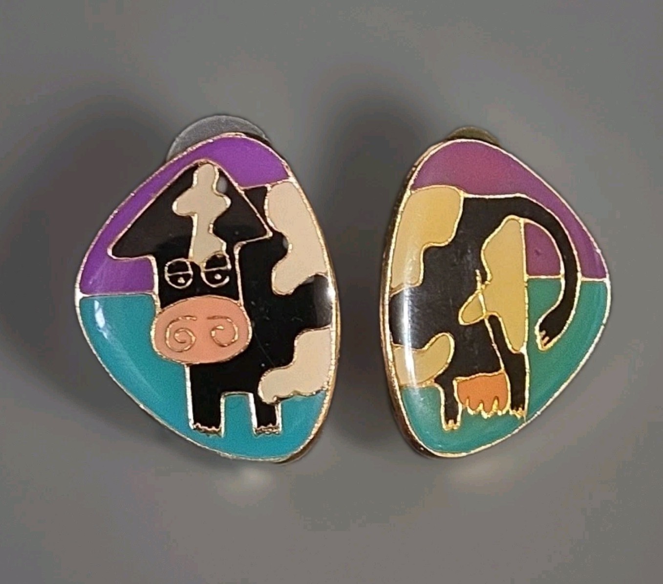 Whimsical Cow Stud Earrings Gold Tone Black Spotted Cow Resin Over Enamel
