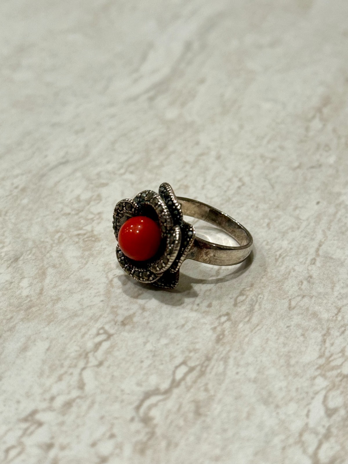 VTG Flower Ring Size 8 Sterling Silver Rose Red Coral Marcasite Gem Cocktail
