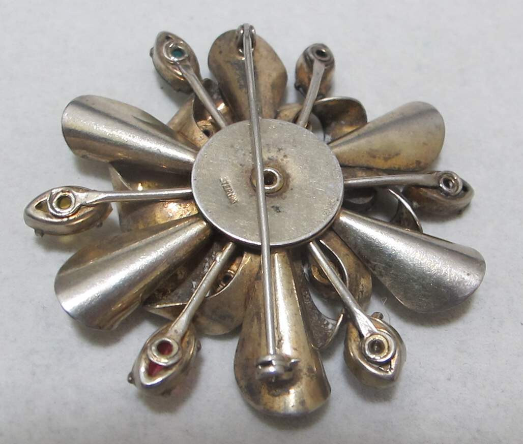 Vtg 2-3/8” Gold-Plated Sterling Layered Brooch Multi Color Rhinestones 30 Grams