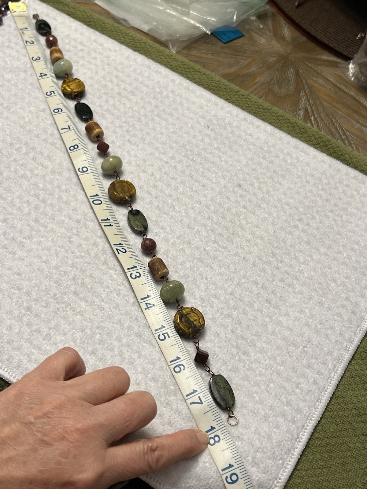 ESTATE CHINESE CARVED TIGERS EYE, JADE JASPER STONE NECKLACE 18” STERLING COPPER