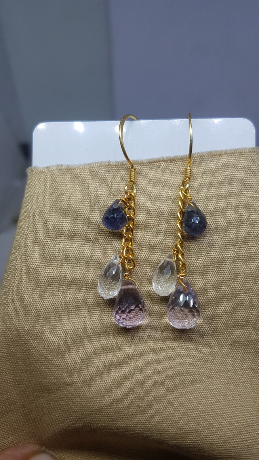 Iolite pink amethyst Clear quartz gemstone 925 sterling silver earrings jewelry