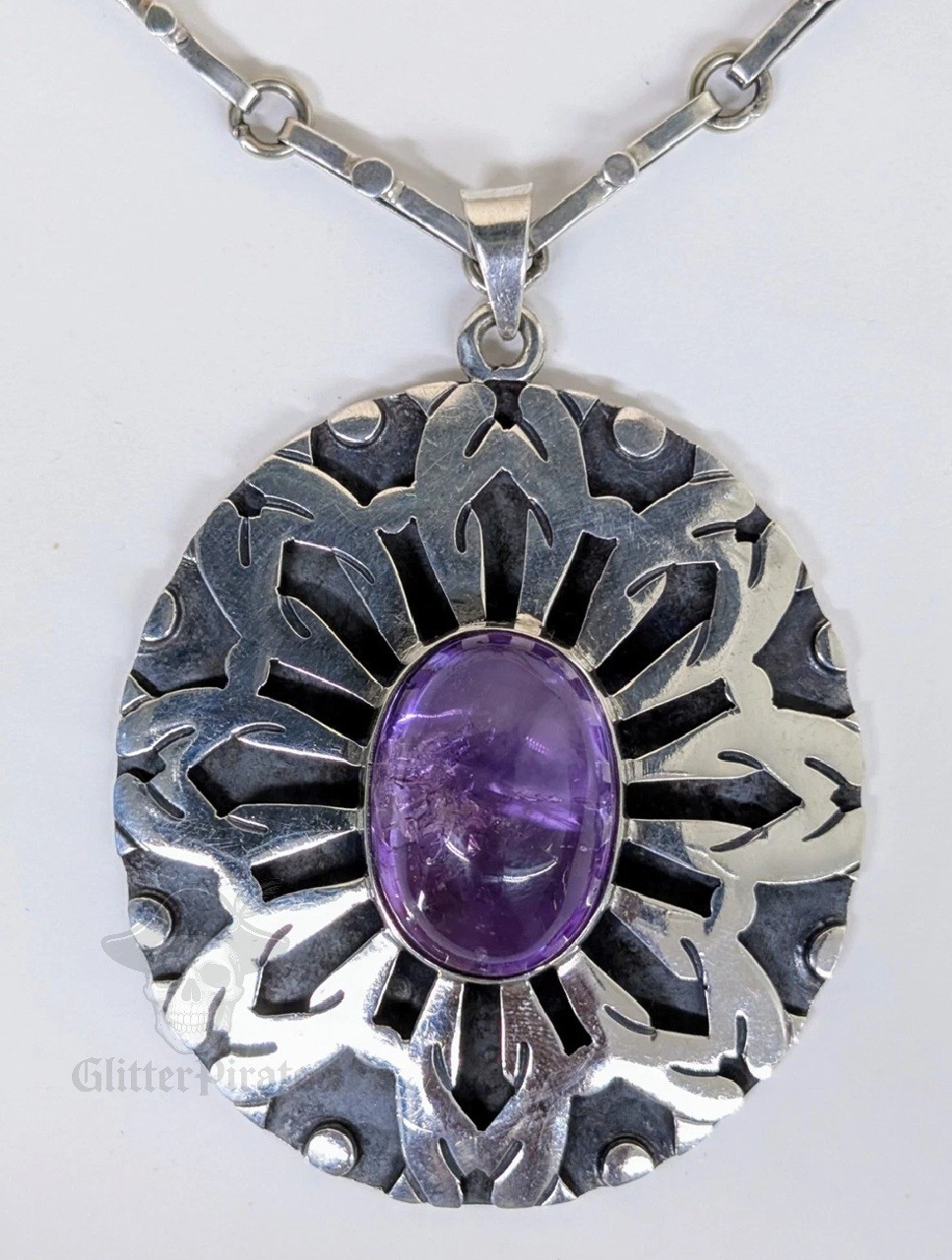 Large 2.88″ Vintage Native American Sterling Silver Cab Amethyst Pendant w Chain