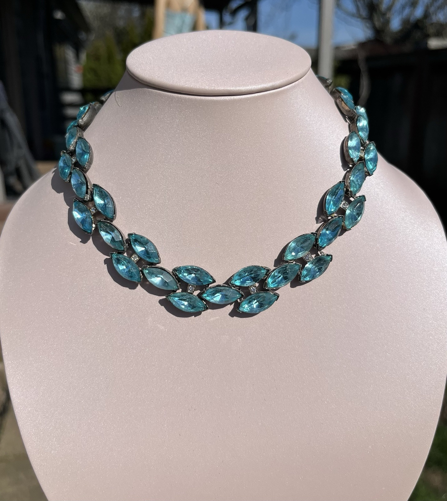 Vintage Aqua Rhinestone Pot Metal Rivière Necklace Not Signed