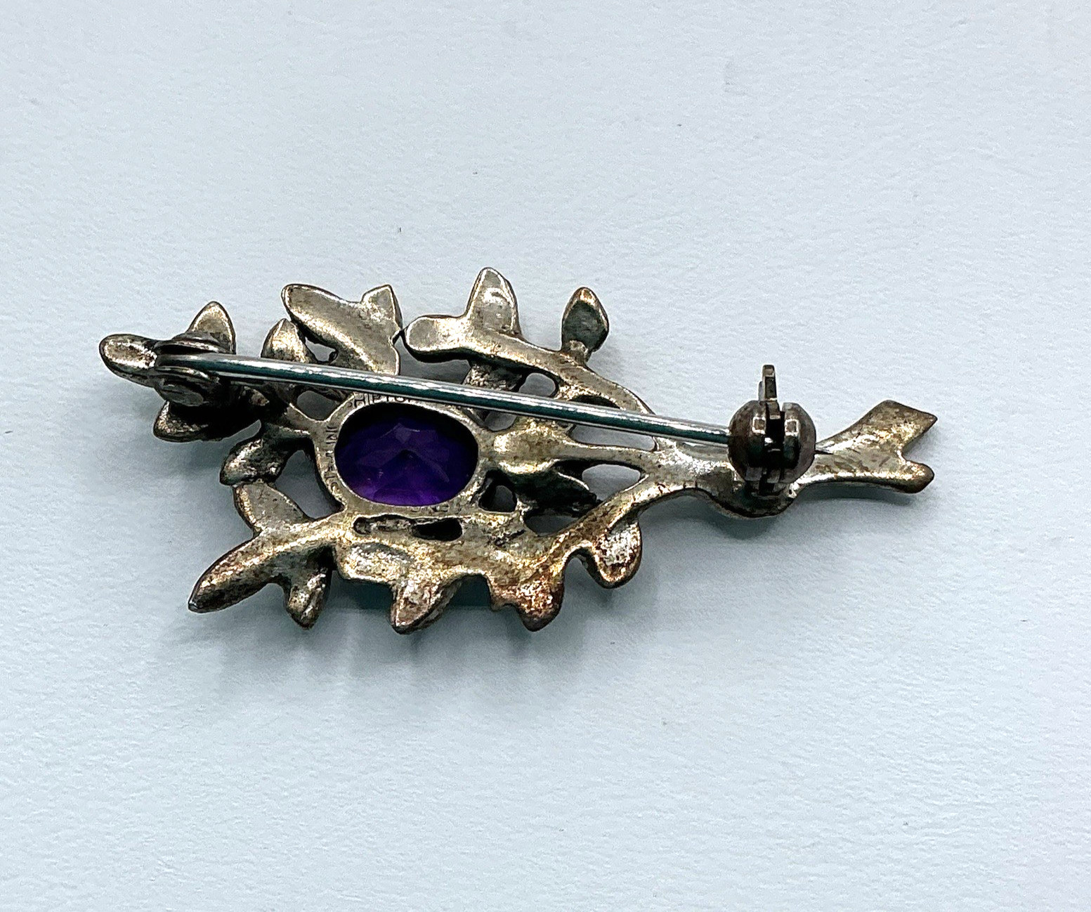 Shiptonia Sterling Silver Amethyst Art Nouveau Branch Leaf Nature Brooch Pin