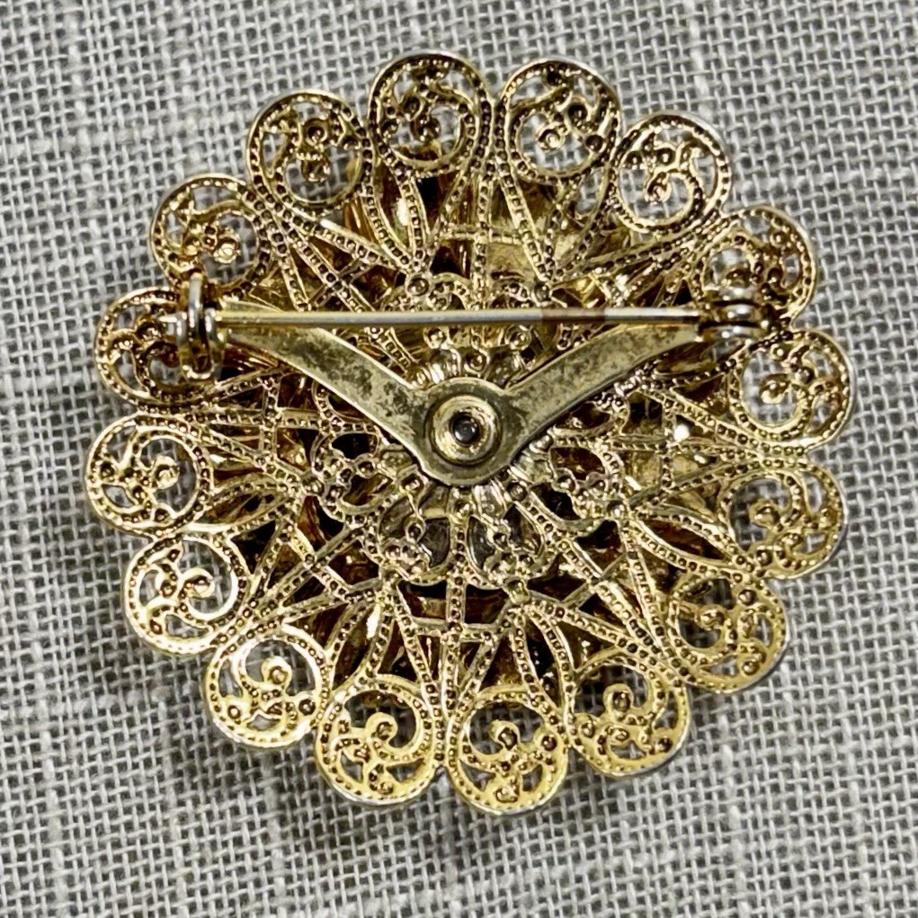 Vintage Unsigned Tacoa Gold Tone Filigree Porcelain Rose Floral Brooch READ