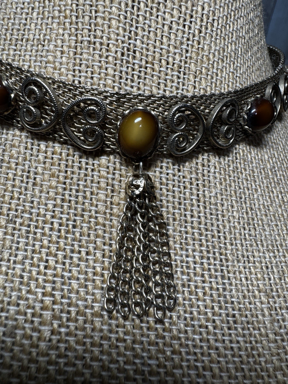Vintage Victorian Revival Mesh Gold Choker Necklace Tigers Eye Cabochons Estate