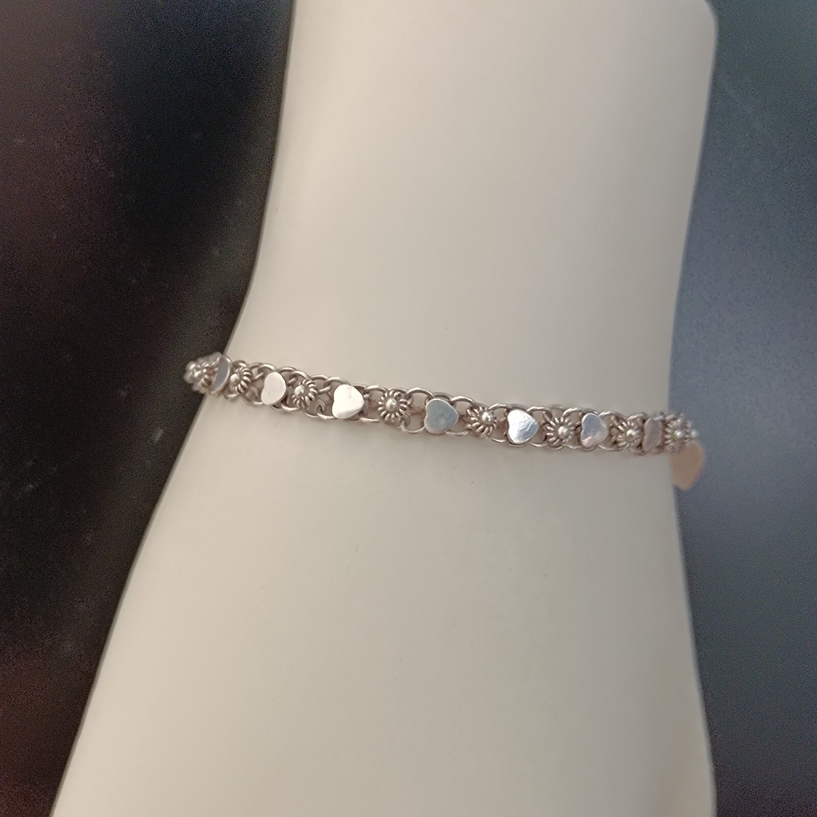 Vintage Silver Bracelet Ethnic Hearts Flowers Dainty Granulated Link Sterling