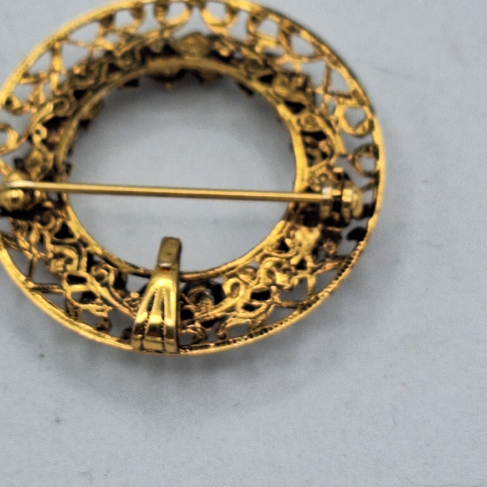 Vintage Faux Opal Filigree Wreath Brooch Pin with Pendant Bail, Gold Tone, 1.25″