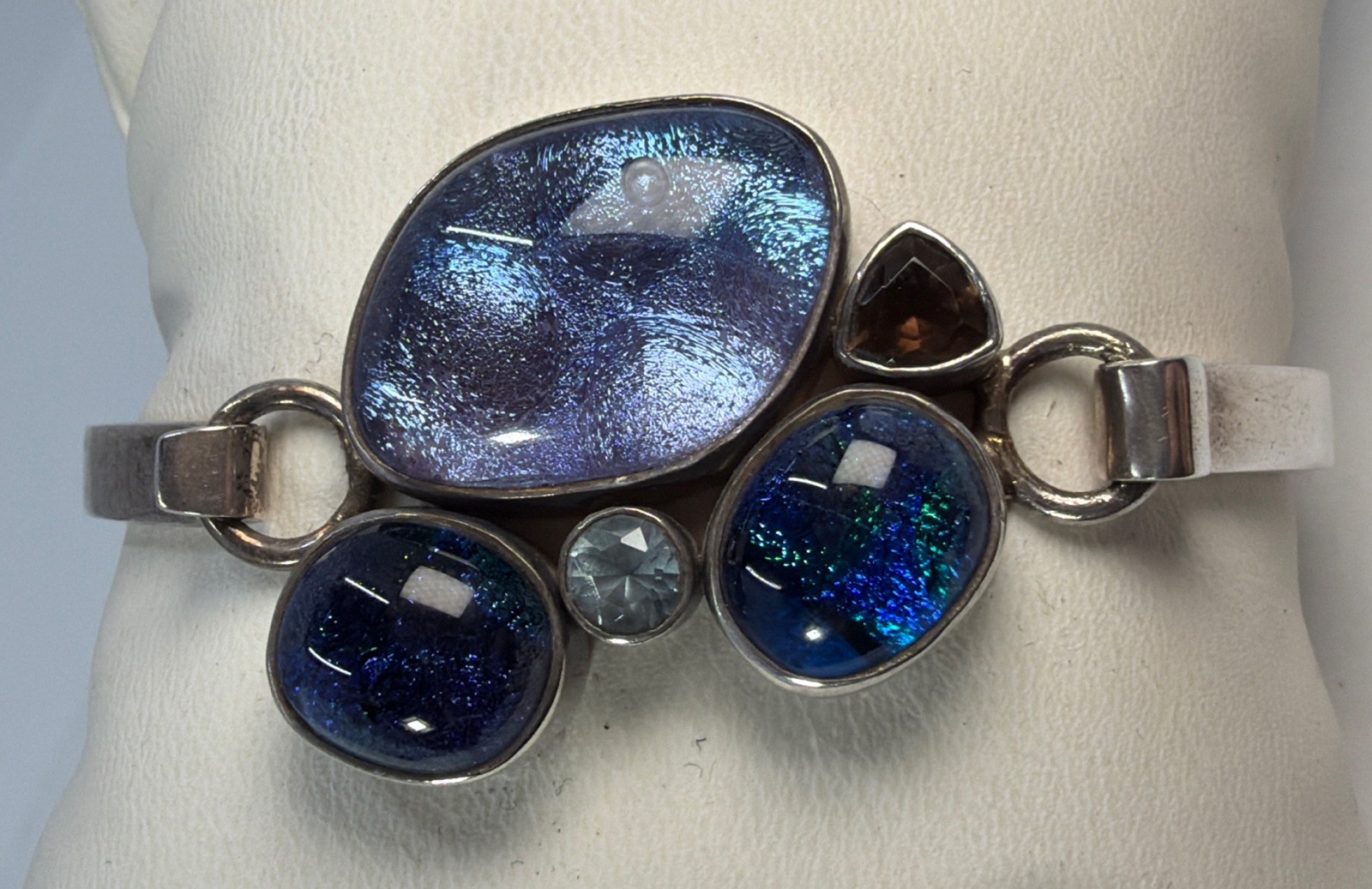 Artisan Sterling Silver 925 Dichroic Glass Bracelet Hook Closure Blue Green Pur