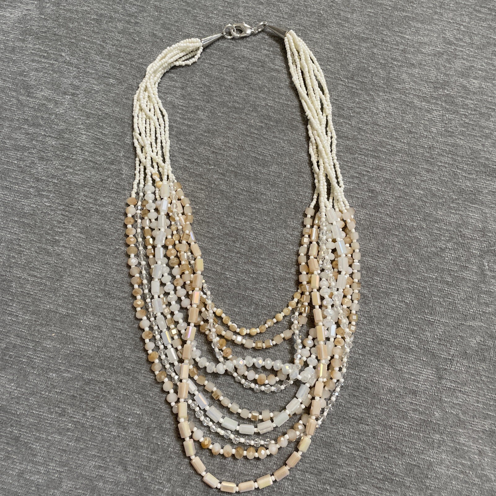 Crystal Layered Necklace Peach White Champagne Ombre Aurora Borealis Boho 24″