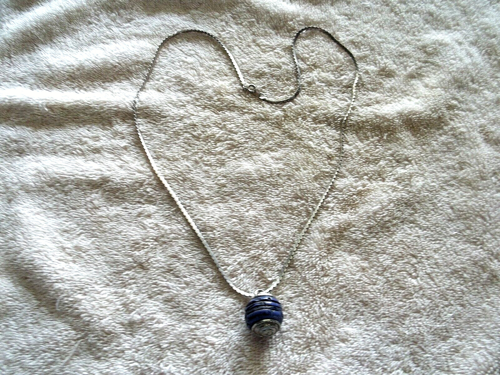 Signed KOREA Carved Blue Resin Pendant, Silver Tone Metal Chain