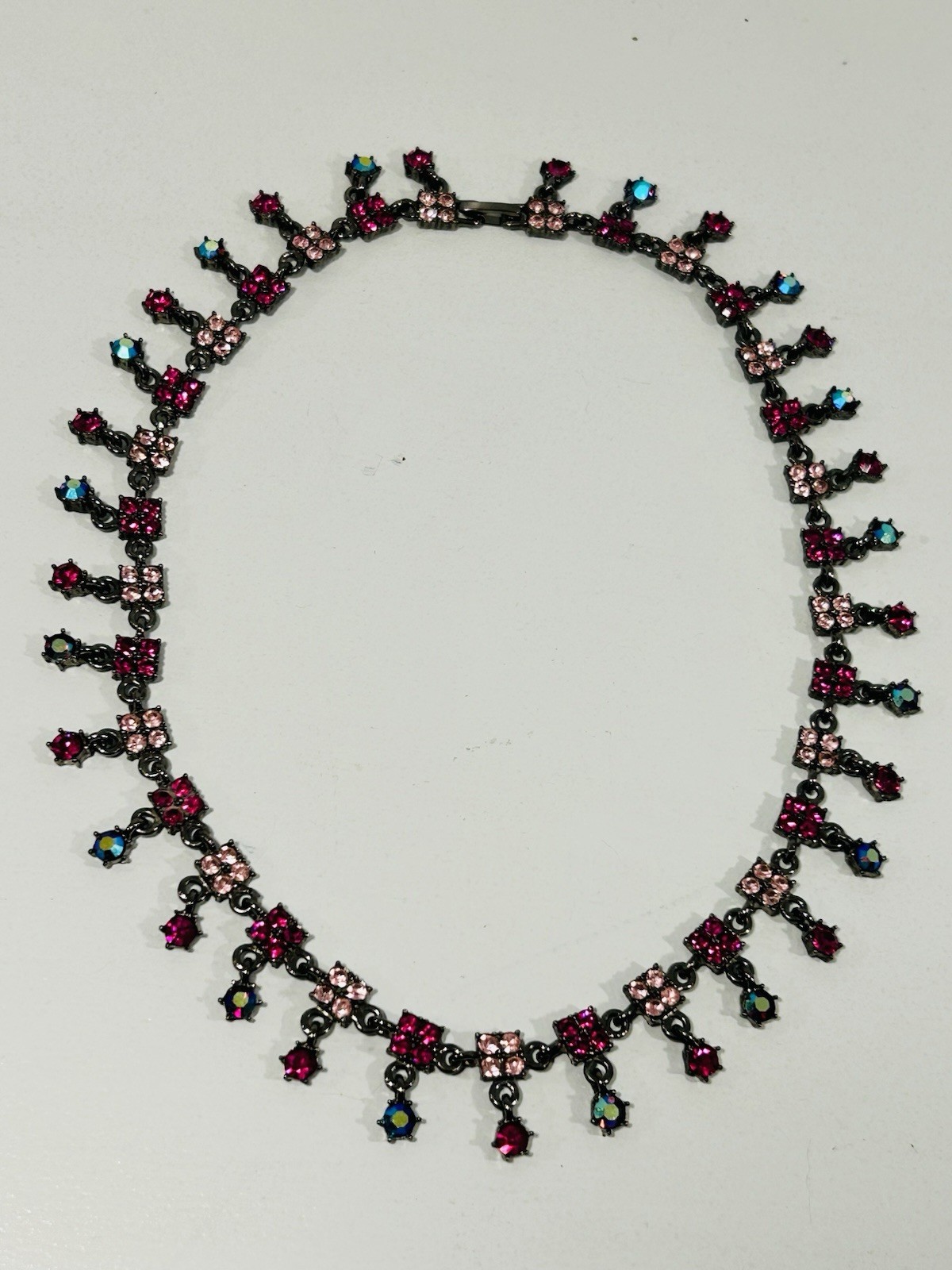 Gunmetal Rhinestone Statement Necklace Pink Fuchsia Fringe Vintage Style
