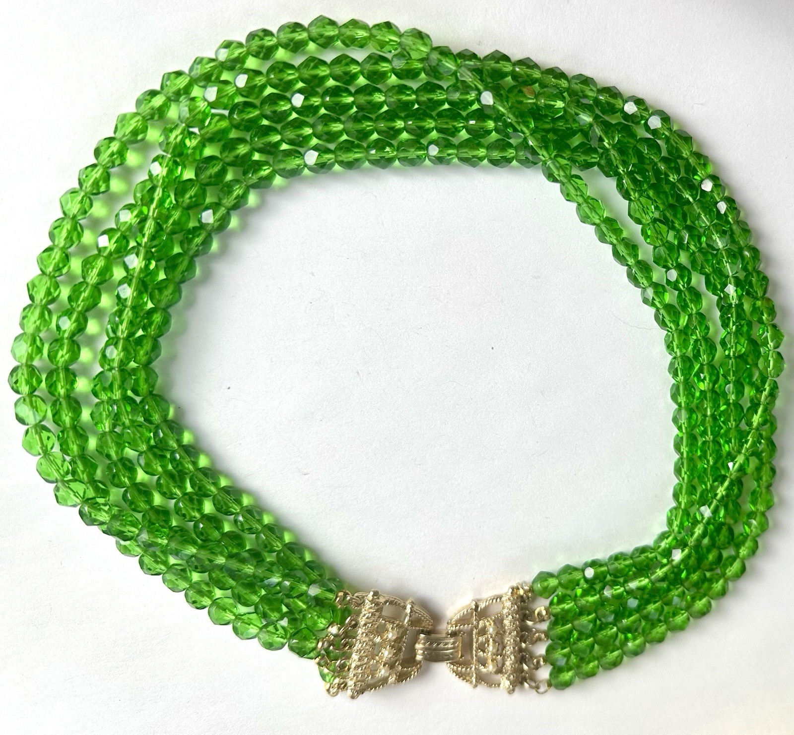 VTG Etruscan Revival Vivid Green Heavy 5-strand Glass Necklace Faux Pearls