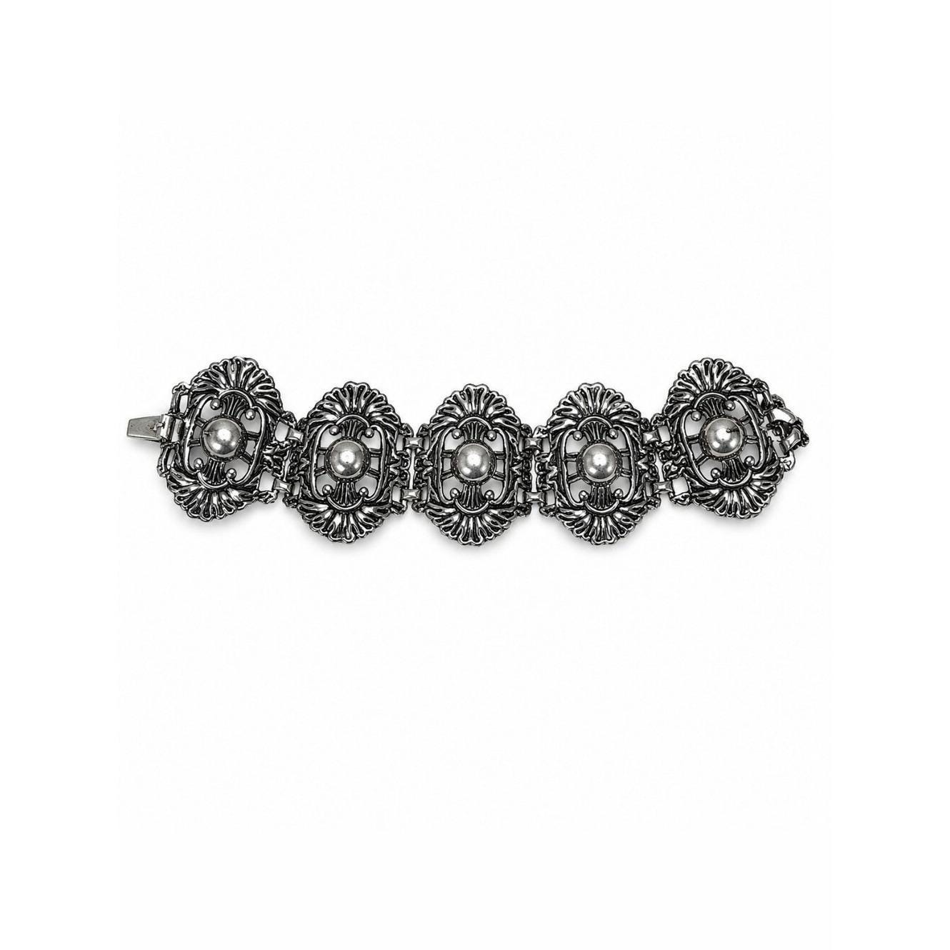 Vintage Art Deco Silver Tone Panel Bracelet Heavy Pot Metal Gothic Statement
