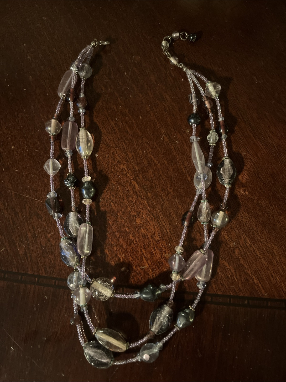 Multicolor Bead Necklace 3 Strand Purple Brown Statement Chunky Boho Jewelry