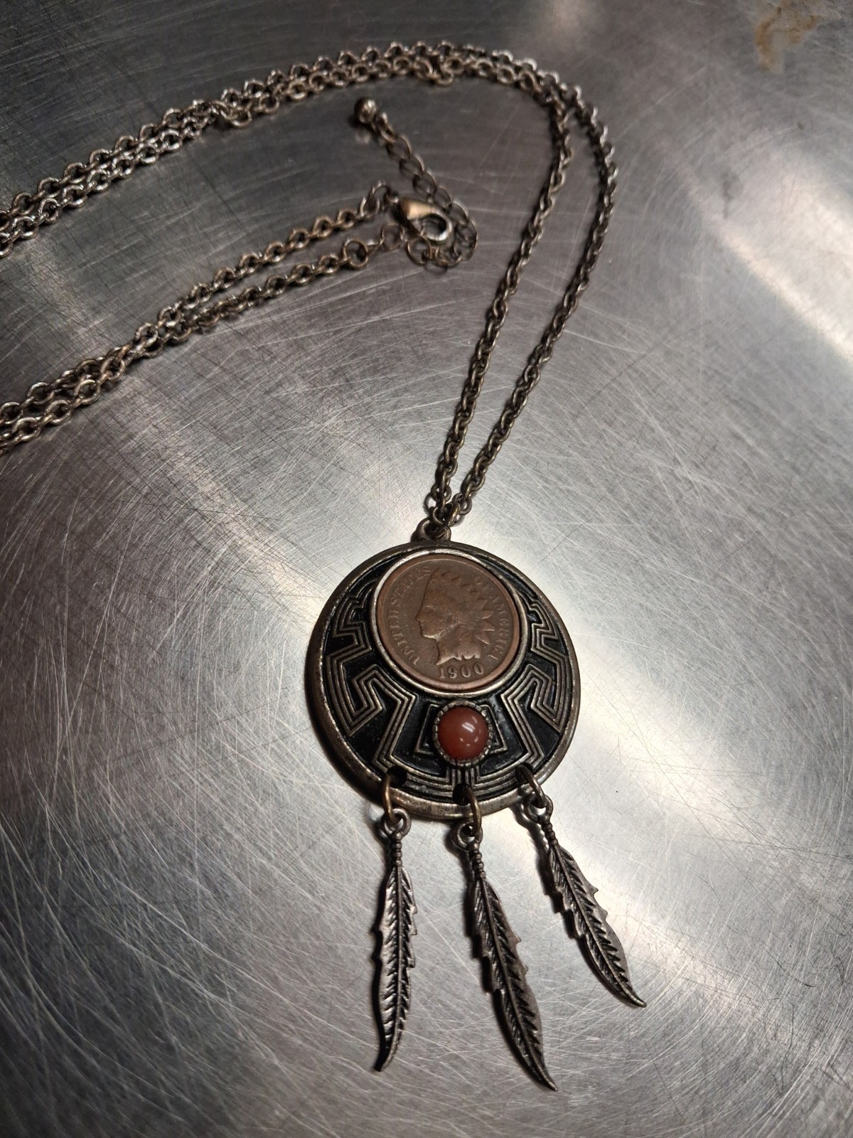 1900 Indian Head Penny Necklace on Metal Dreamcatcher, Carnelian Gem 3 Feathers