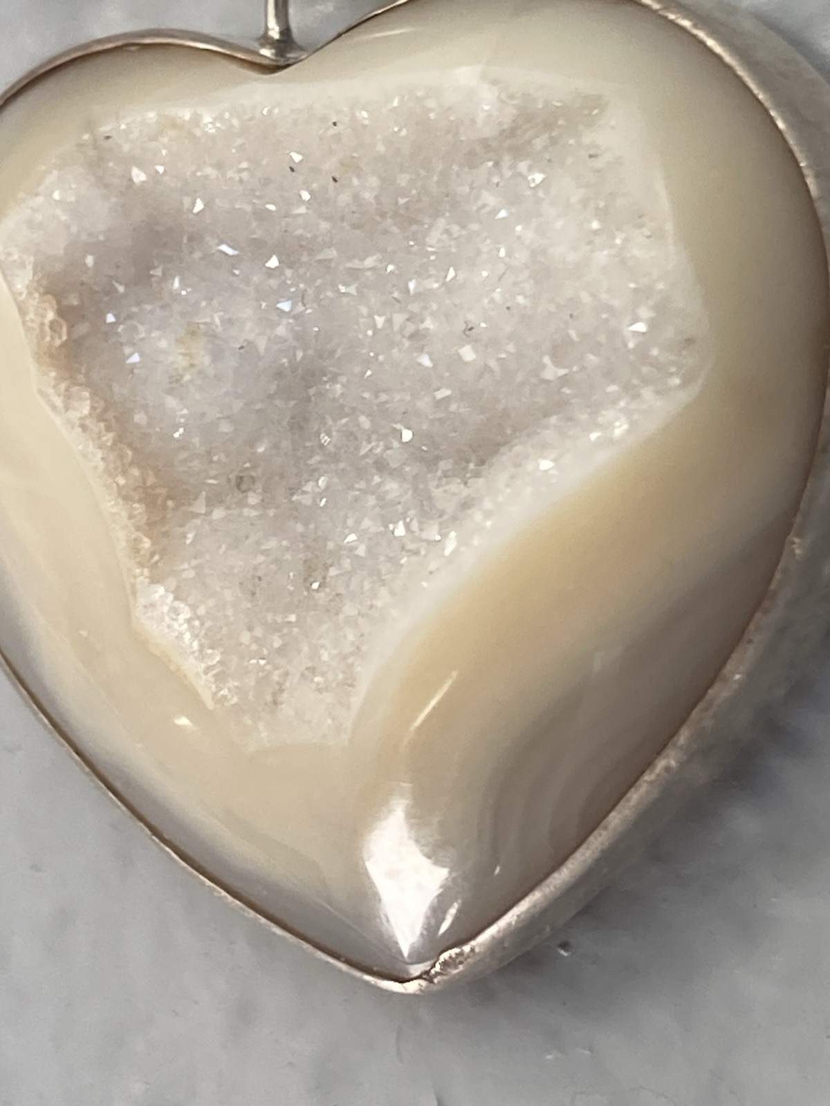 Druzy Pendant Sterling Signed Fifirose 925 Necklace Quartz Heavy Big bail Heart