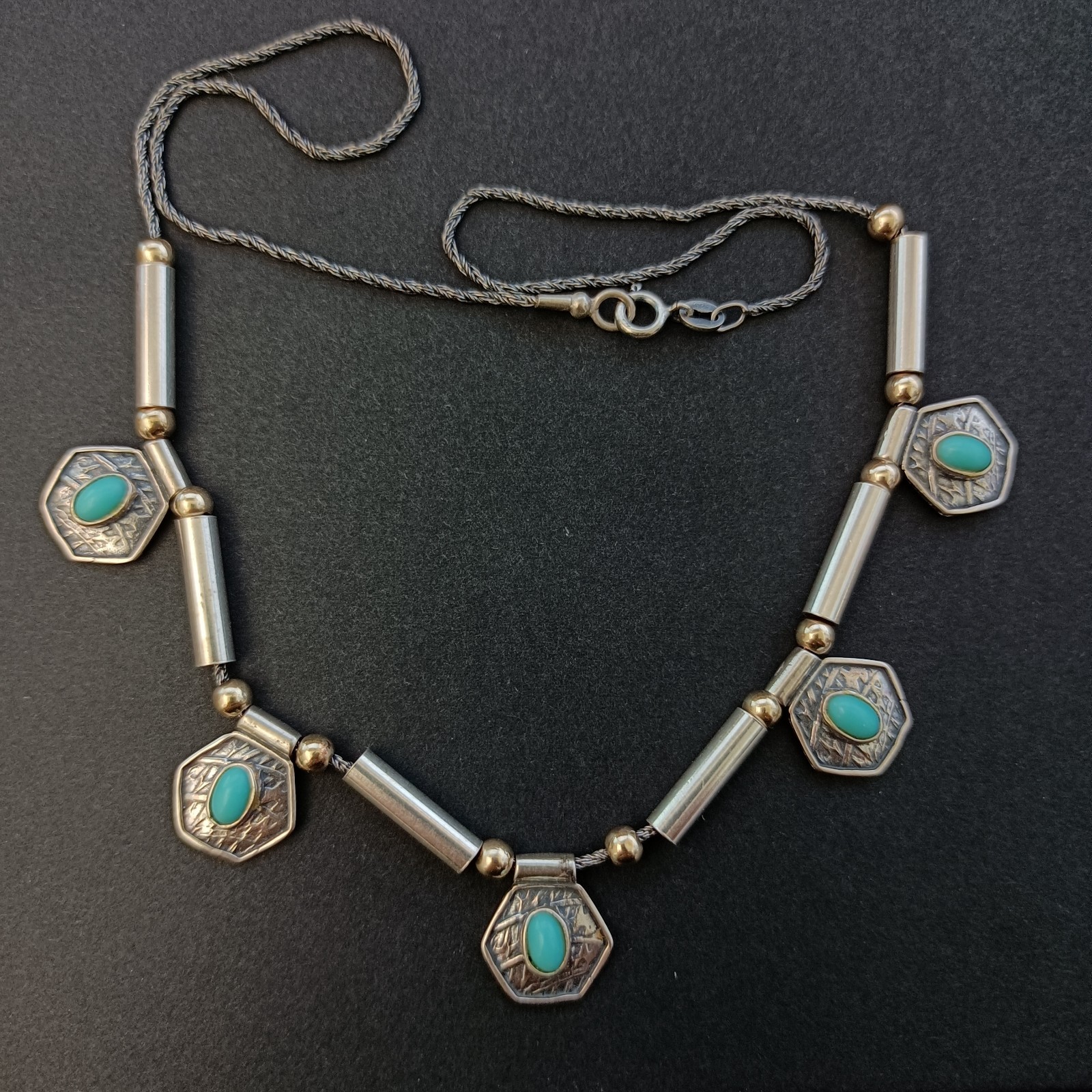 Vintage Artisan Necklace Sterling Silver 10k Gold Bead Geometric Drops Turquoise