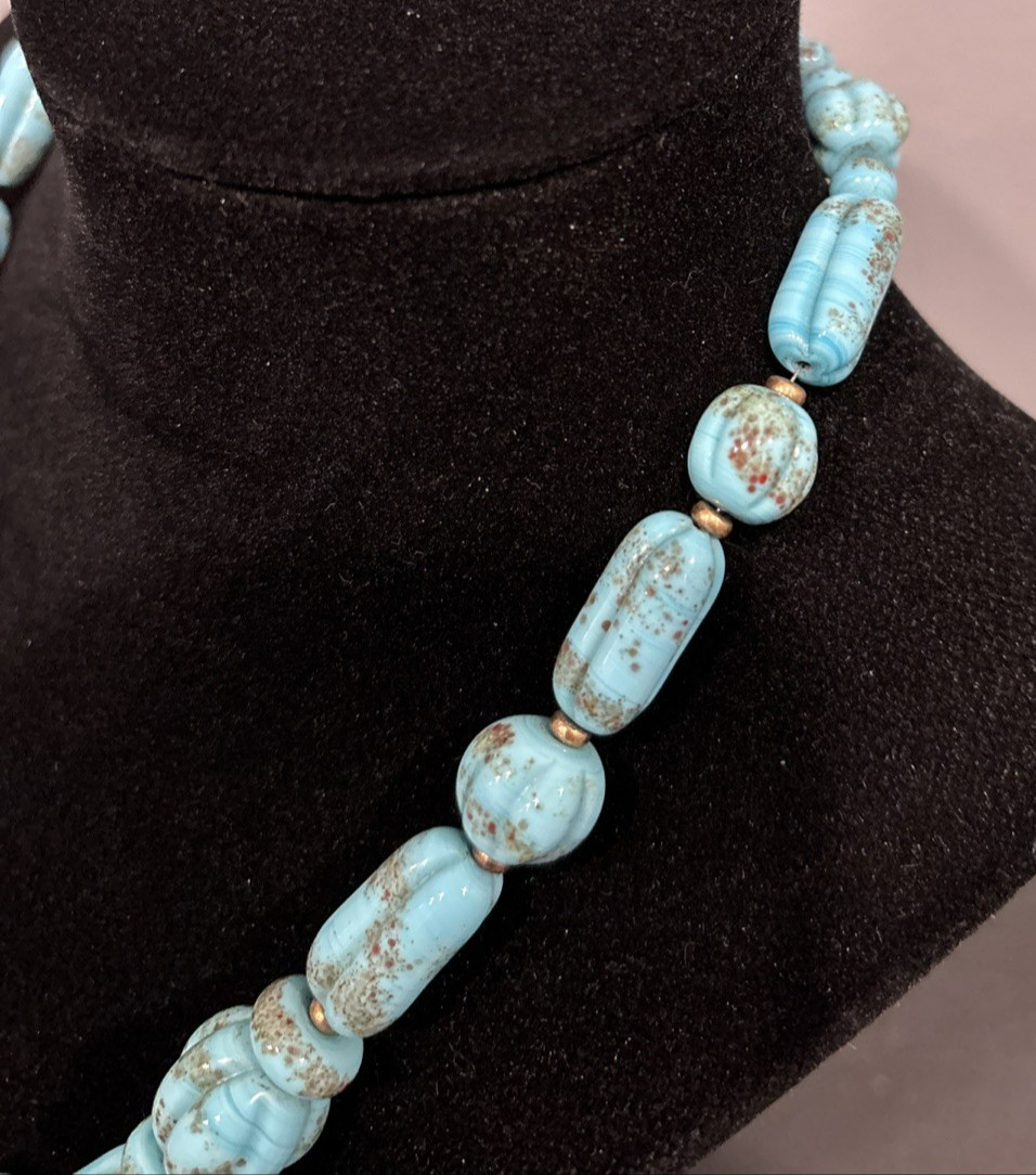 Antique Faux Turquoise Slag Glass Bead Beaded 16 1/2″ Necklace Textured Beads