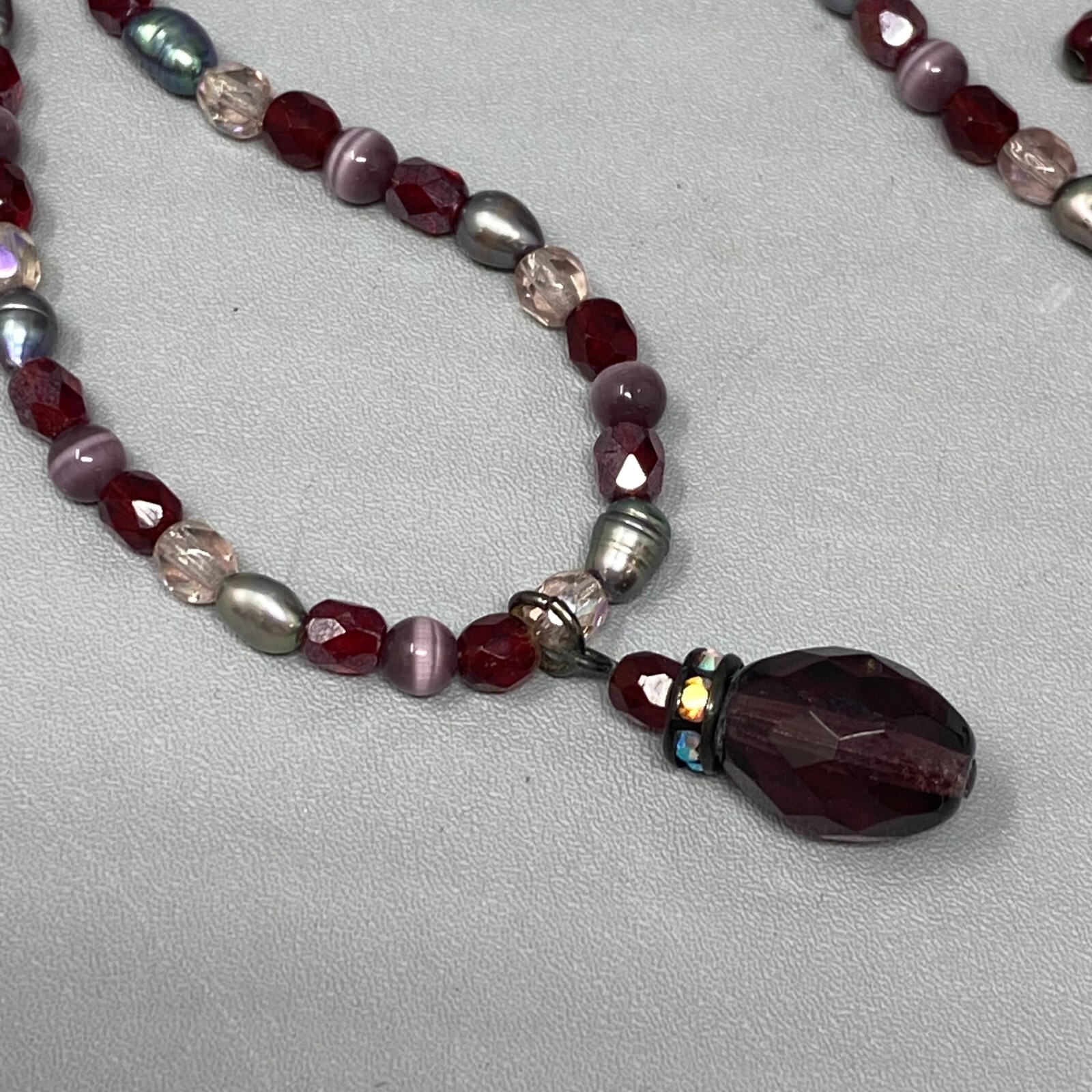 Red Pendant Necklace Teardrop Faceted Glass Purple Cats Eye Dainty Iridescent AB