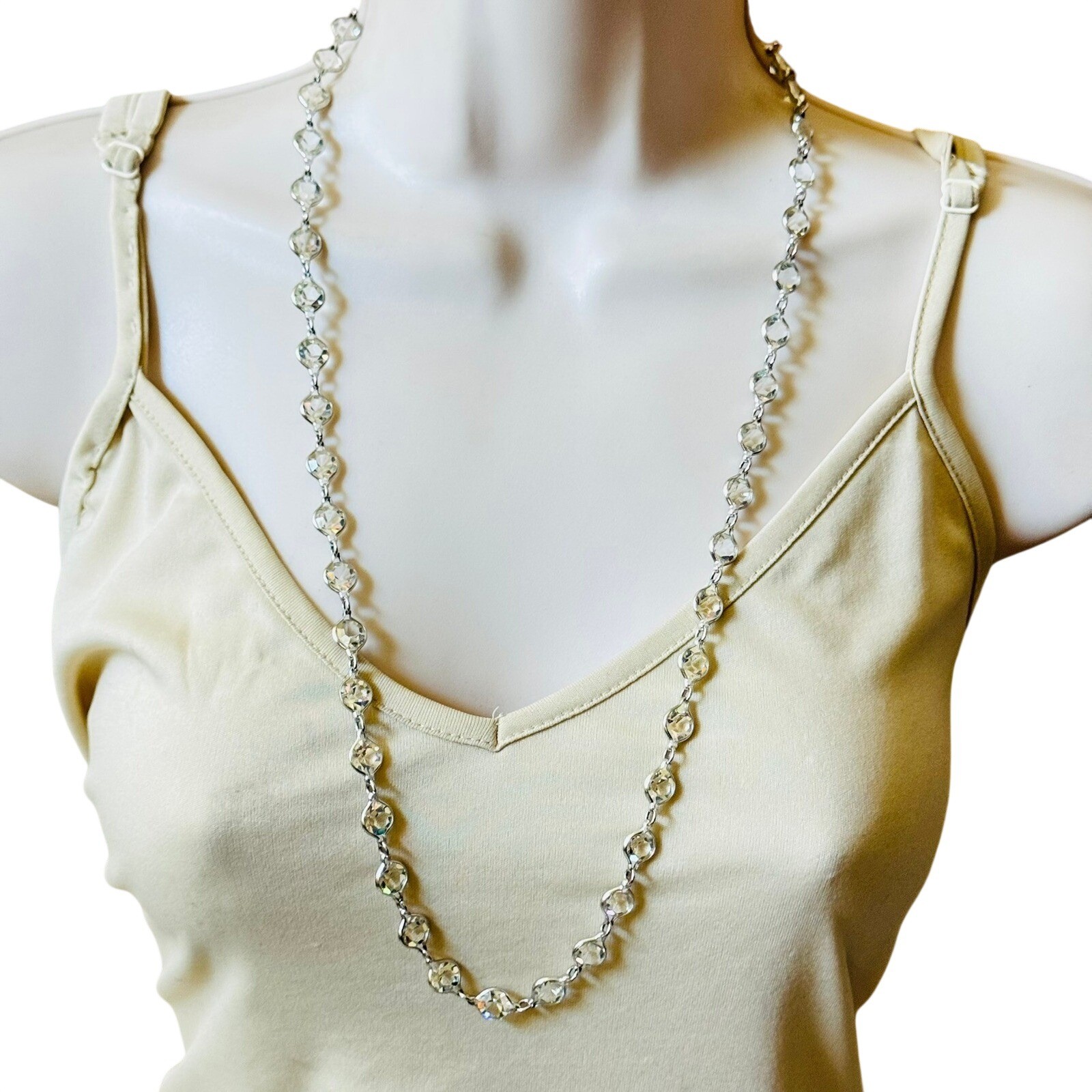 VTG Necklace Pointed Back Austrian Crystal Open Bezel Silver Tone Strand 30″