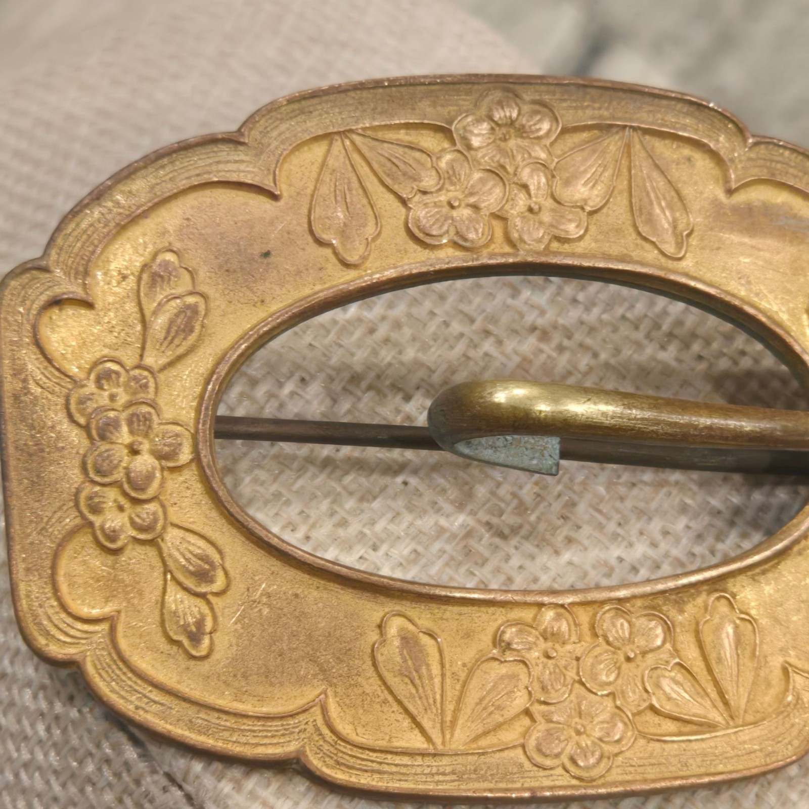 Antique Victorian Sash Pin Buckle Floral Brooch Gold Wash Brass Scarf Pin 1800s