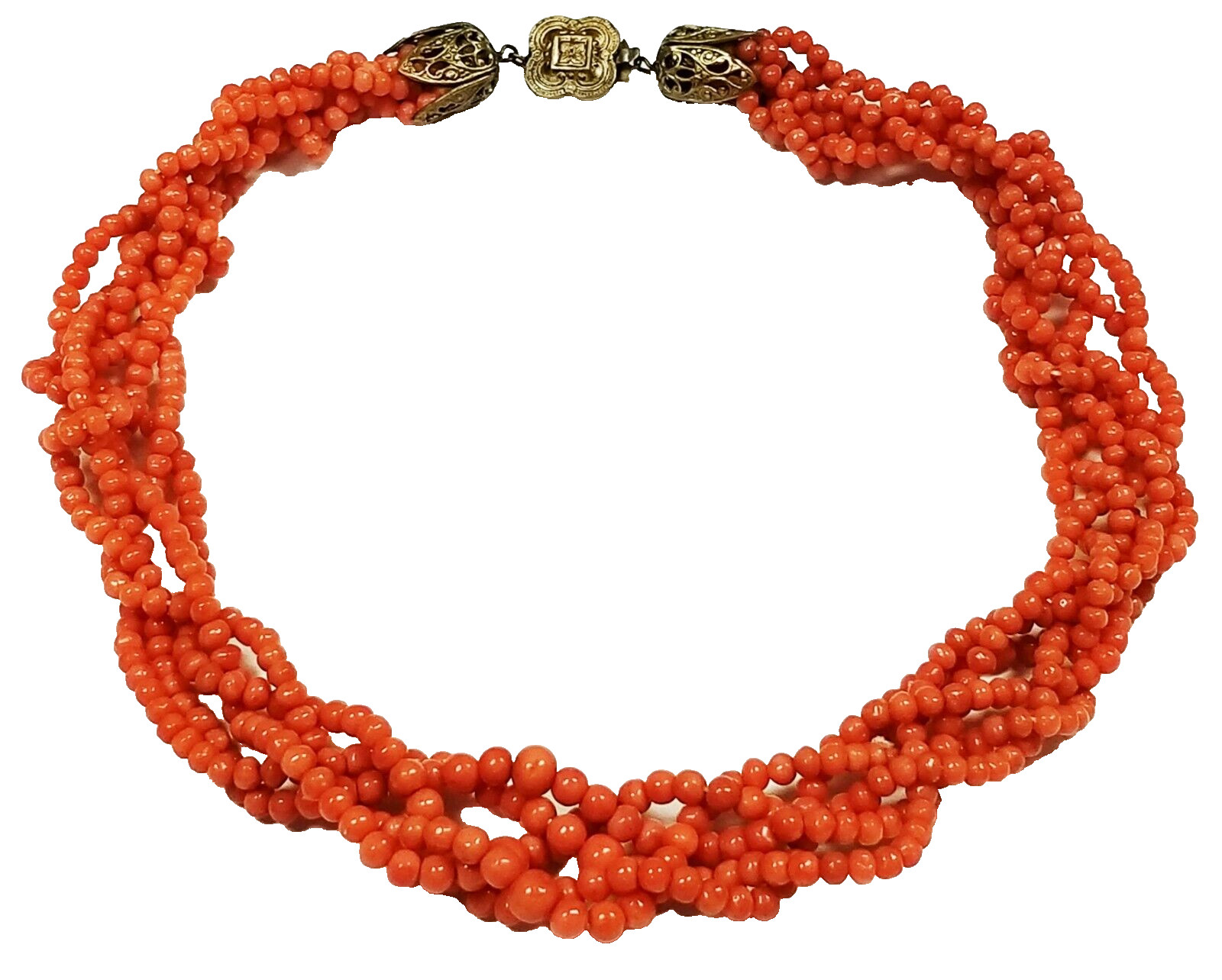 VERY EARLY Signed HASKELL Genuine Coral 4mm Bead Link Necklace 16.5″ x 3/4″