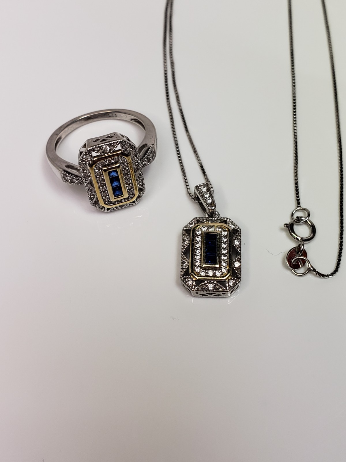 Art Deco Style Sterling 925 Blue Sapphire Lab Diamond Pendant Ring Set Size 7.75