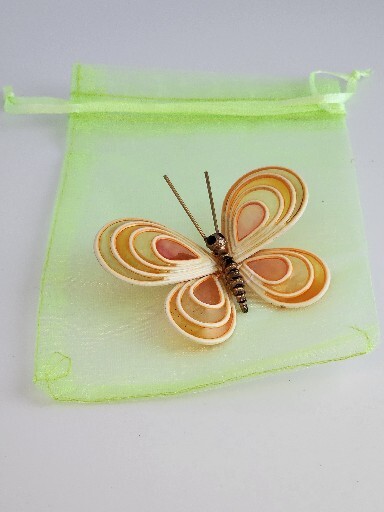 Vintage Orange Pink Woven Bamboo+ Resin Enamel Butterfly Brooch Pin~Figural Boho