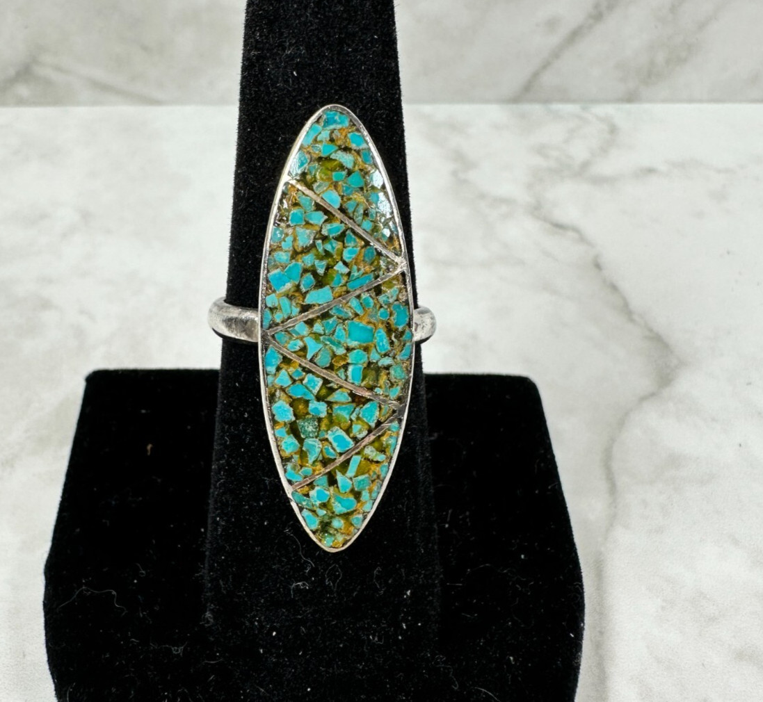 Sterling Silver Turquoise Chip Inlay Ring – Oblong – Vintage – Size 7.25
