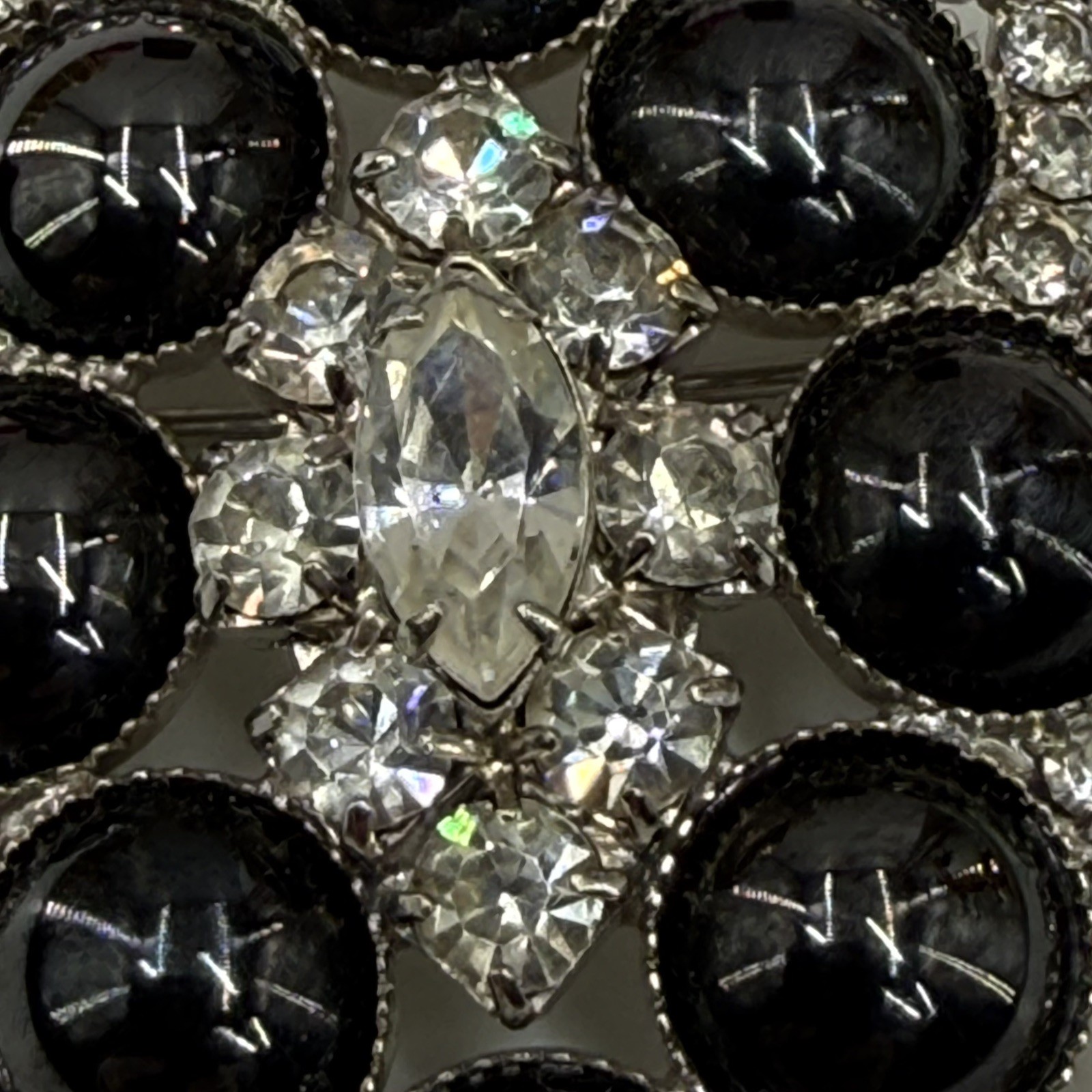 VTG DeLizza & Elster (Juliana) Hematite Cabochon Rhinestone Brooch, Verified