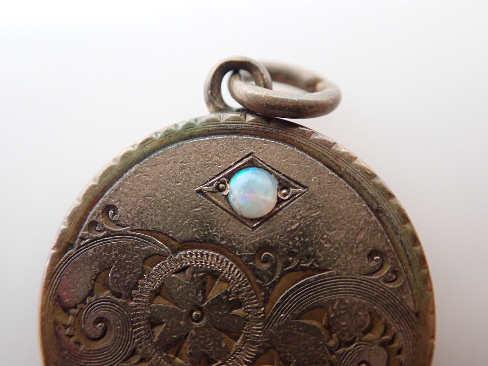 Antique SKM & Co Gold Filled Etched Opal Photo Locket Fob Pendant Necklace