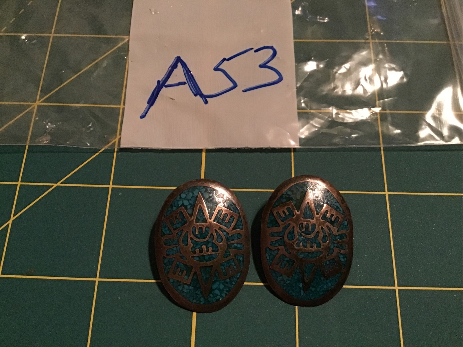 Vintage Sterling Silver Mexico Aztec Mayan Inlay Clip-On Earrings a53