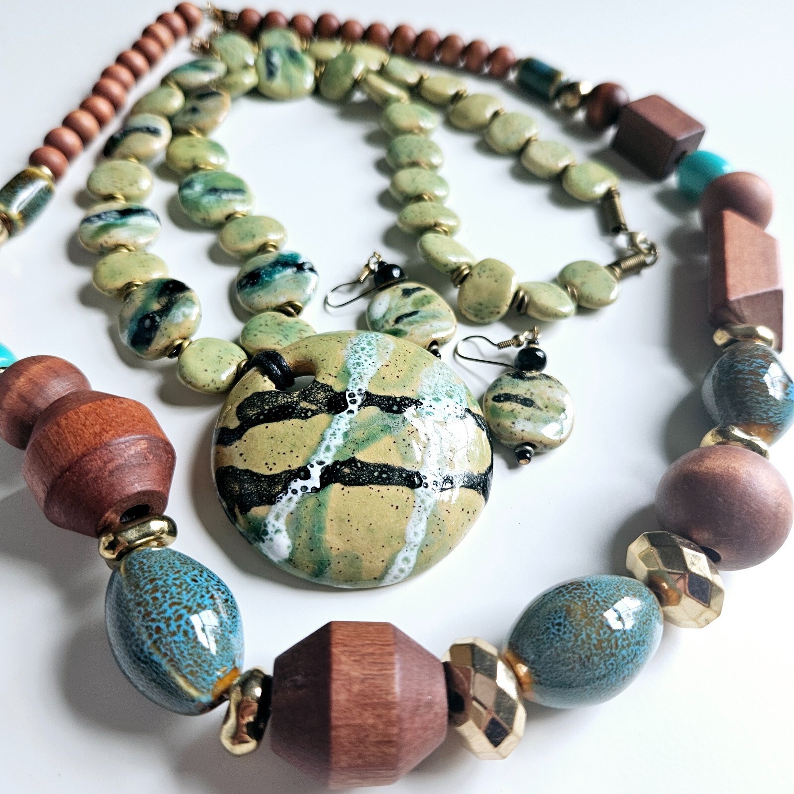 2 Necklaces Earrings Hand painted Ceramic Porcelain Geometric Wood Beads C1946