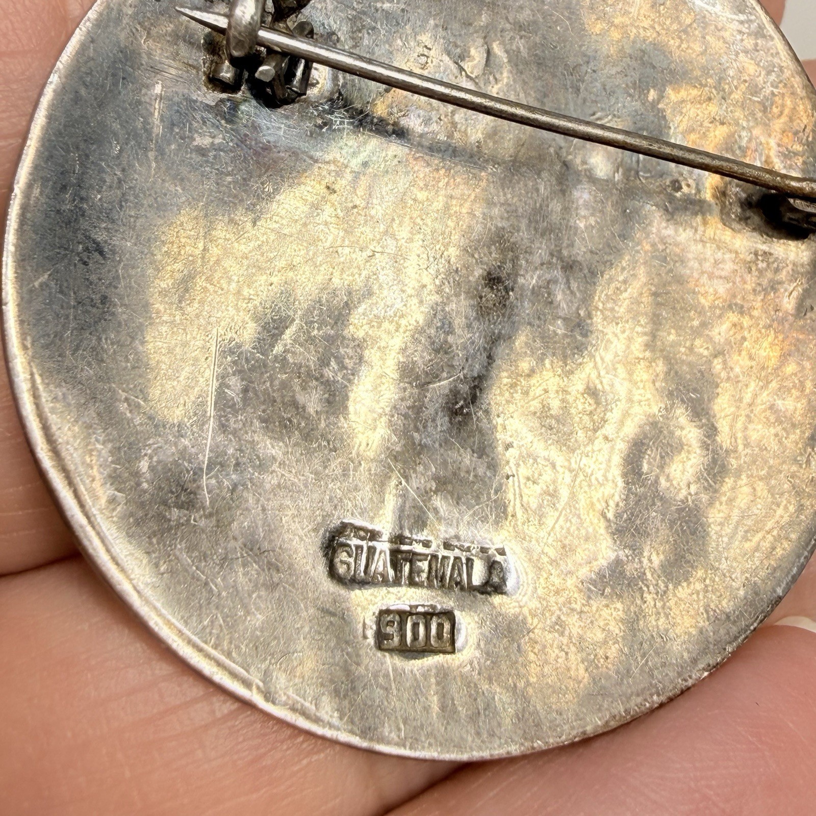 Vintage Guatemala Mixed Metal Round Brooch Stamped Atitlan Guatemala 900