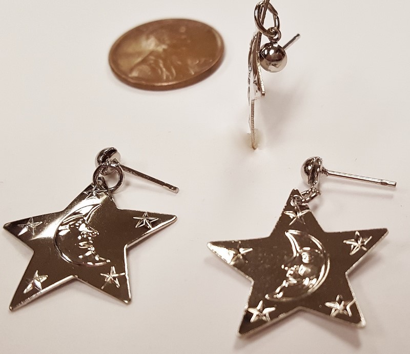 6 PIECES (3 PAIR) VINTAGE SILVER STAR MOON & STARS DANGLE PIERCED EARRINGS N29