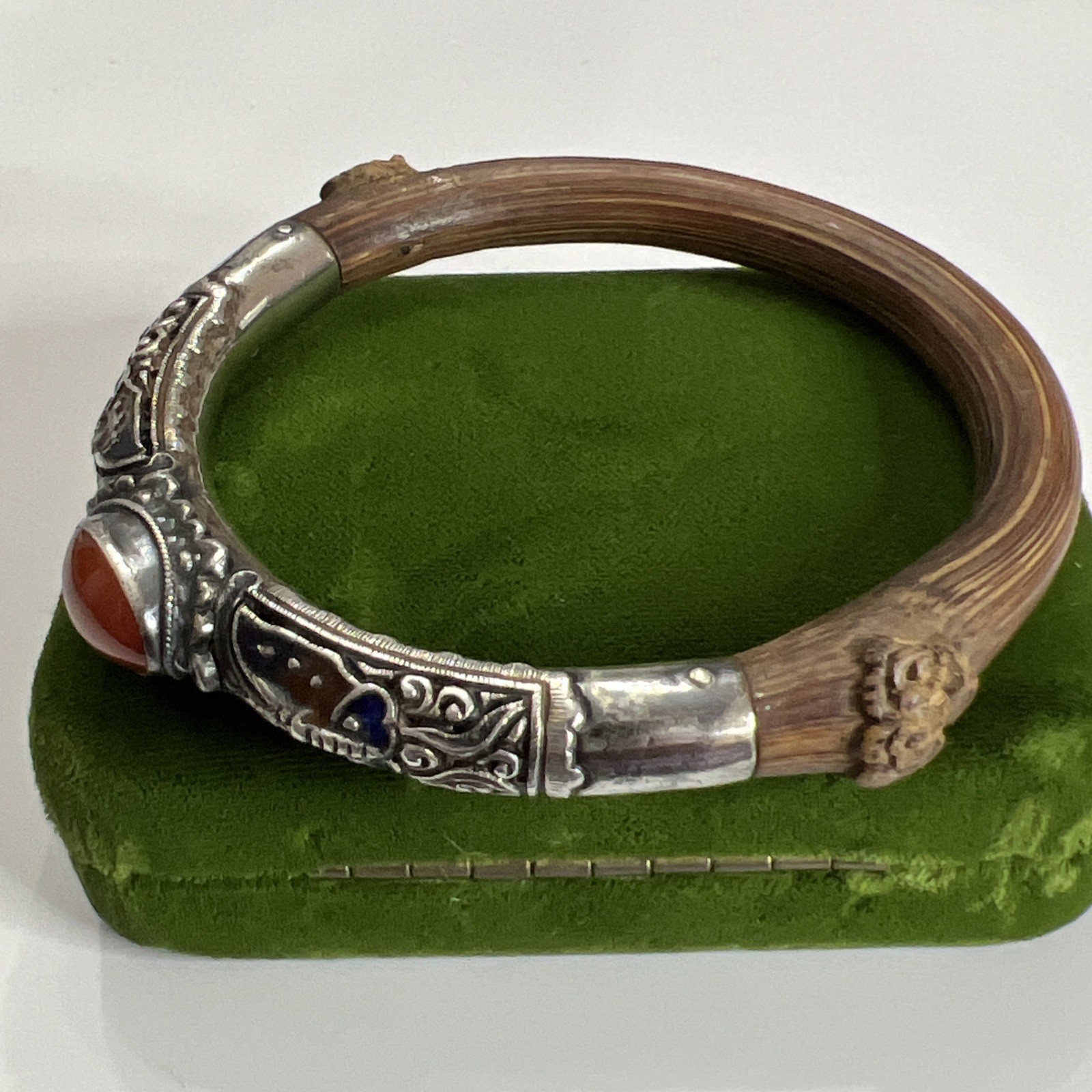Antique Chinese Sterling Butterfly Enamel Carnelian Rattan Bamboo Bangle 7.75”