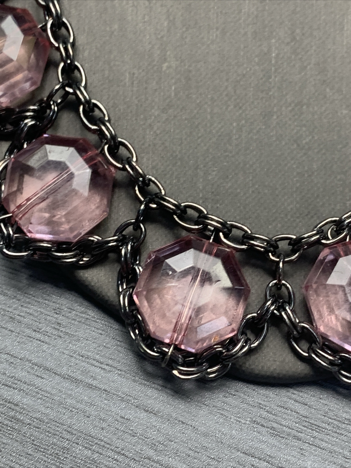 Vintage Beaded Necklace 18” Boho Pink, Gunmetal, Gray, Bib Statement