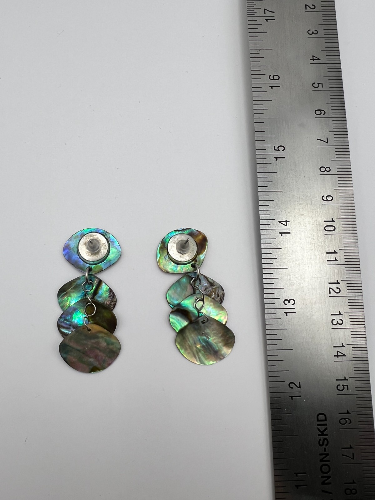 Vintage Abalone Paua Shell Fan Dangle Earrings Iridescent Statement Earrings