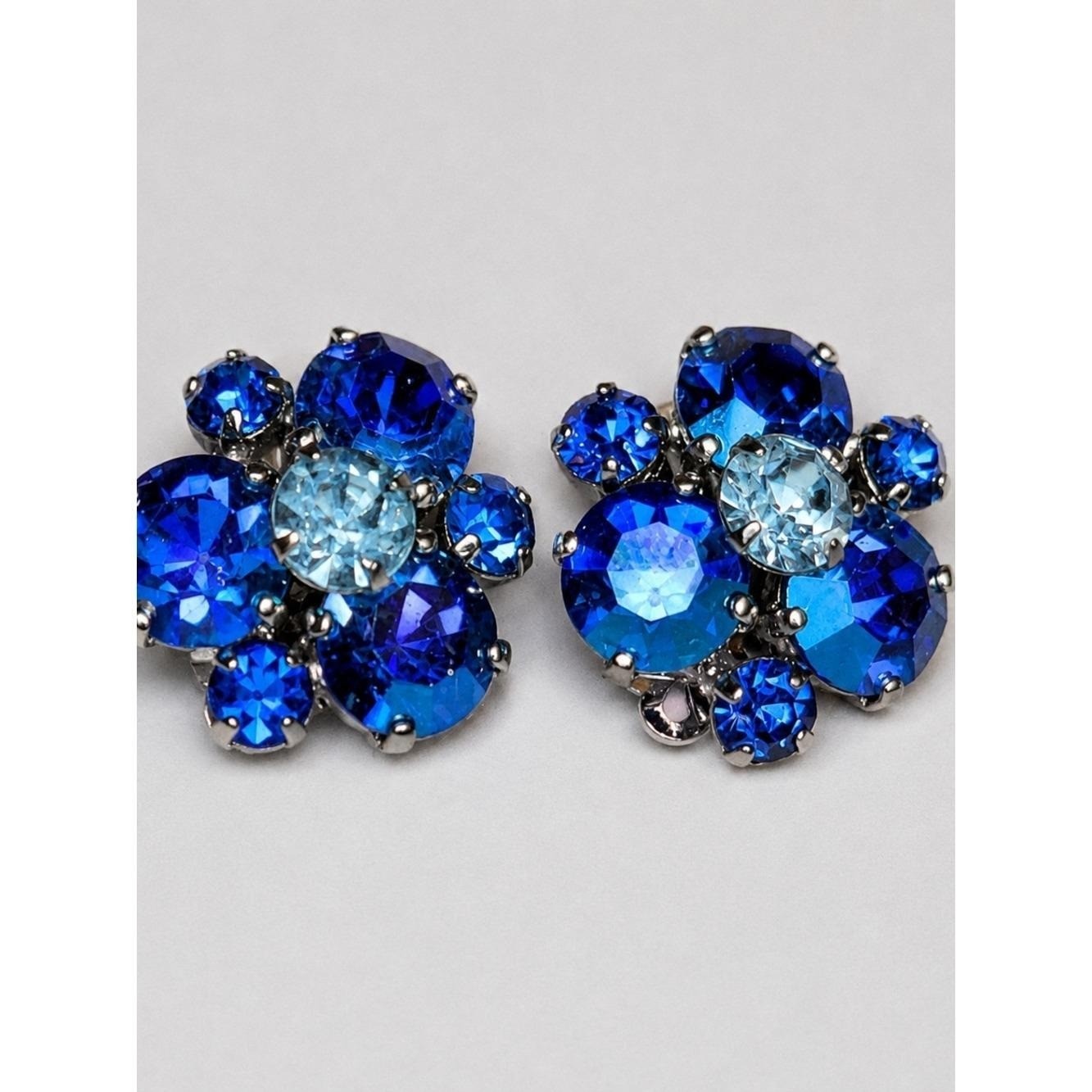 Vintage Gustav Sherman Blue Rhinestone Clip Earrings Signed Sapphire Cluster