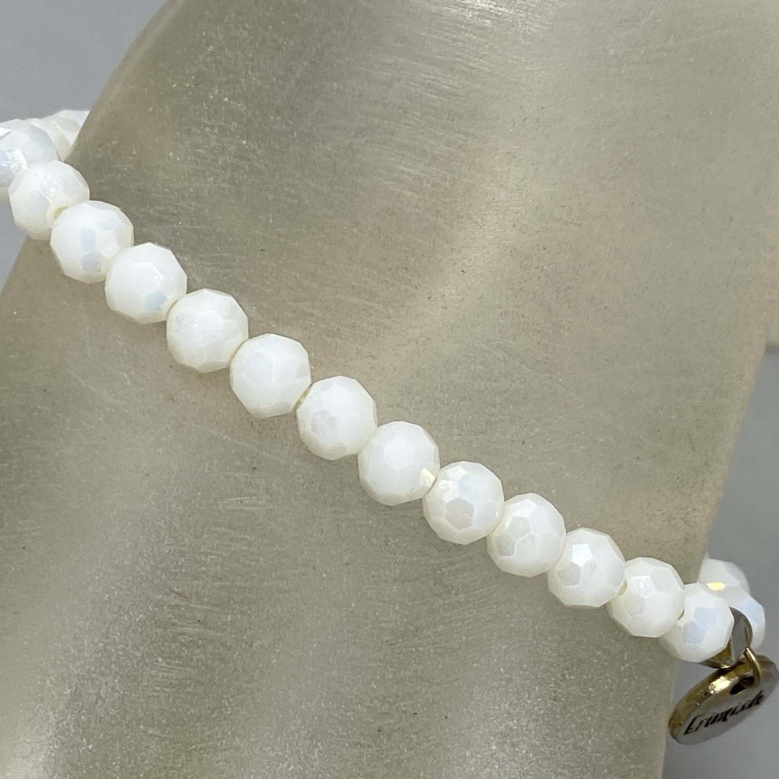 Erimish Bracelet White Faceted Fire Polished Glass Beads Stretch Designer 7″