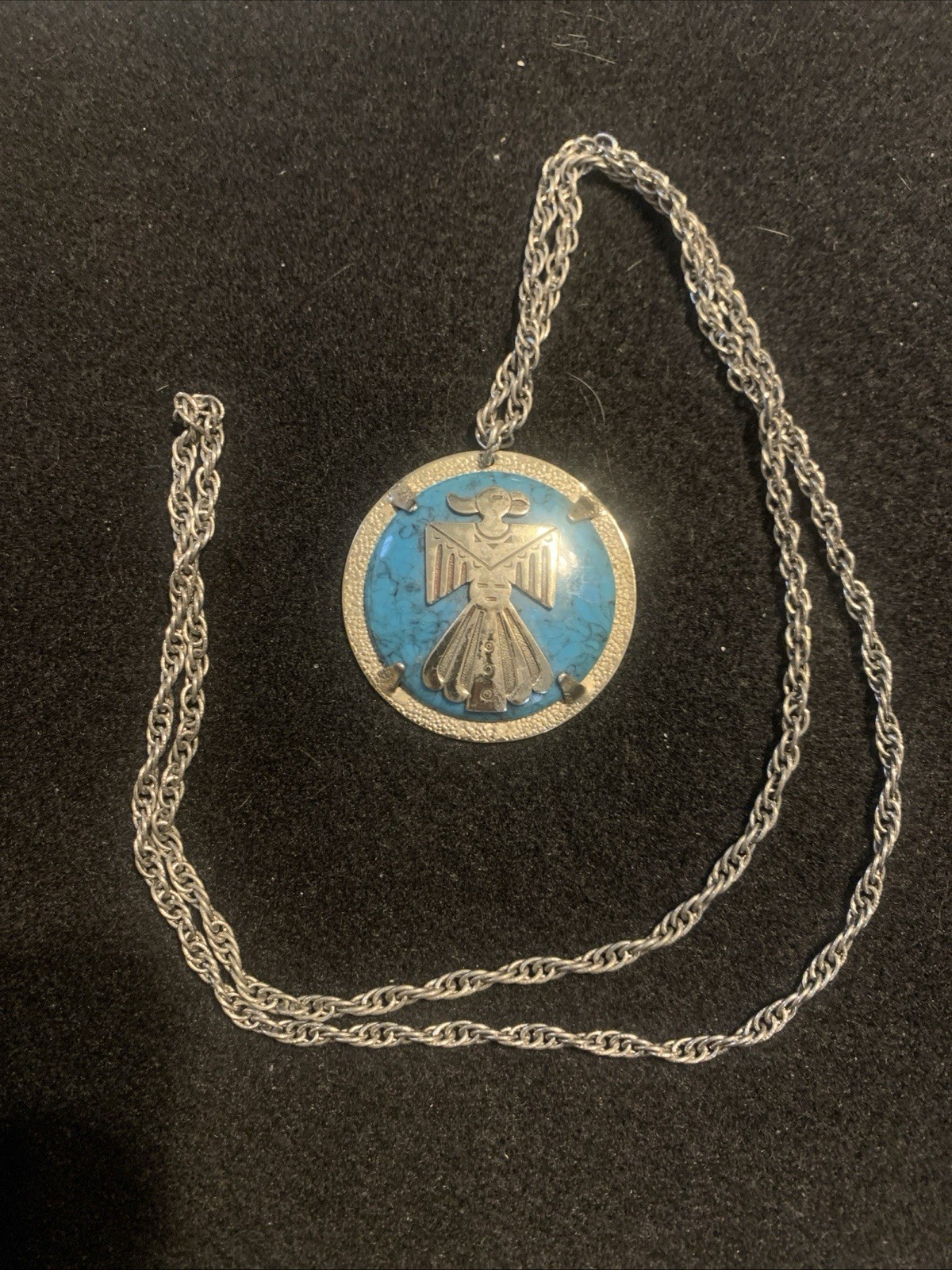 VINTAGE BELL TRADING CO NICKEL SILVER TURQUOISE THUNDERBIRD PENDANT NECKLACE