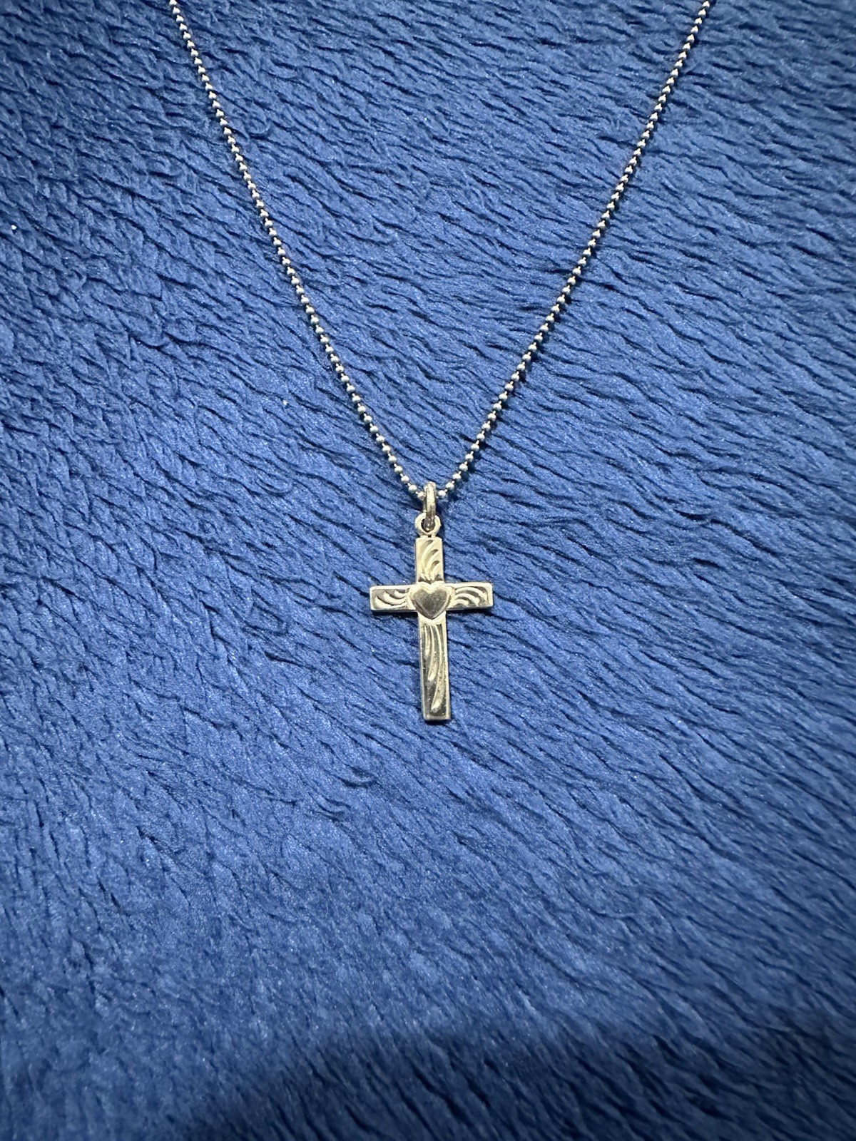 Vtg Sterling Silver 925 Heart Etched Cross Pendant Necklace, 15-17in Long