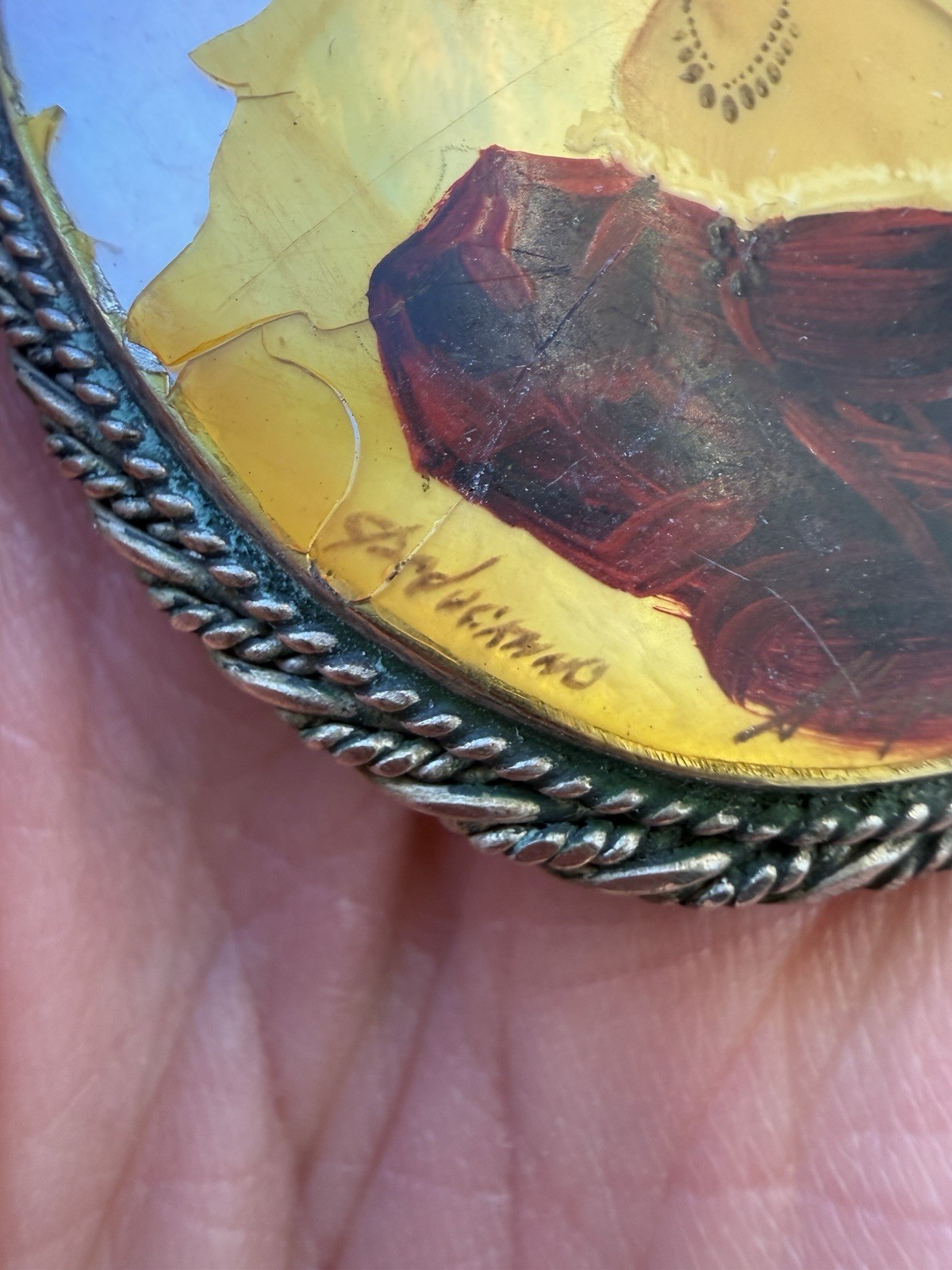 Antique Silver Brooch Hand Painted Signed Painted Portrait Cameo Of Woman READ
