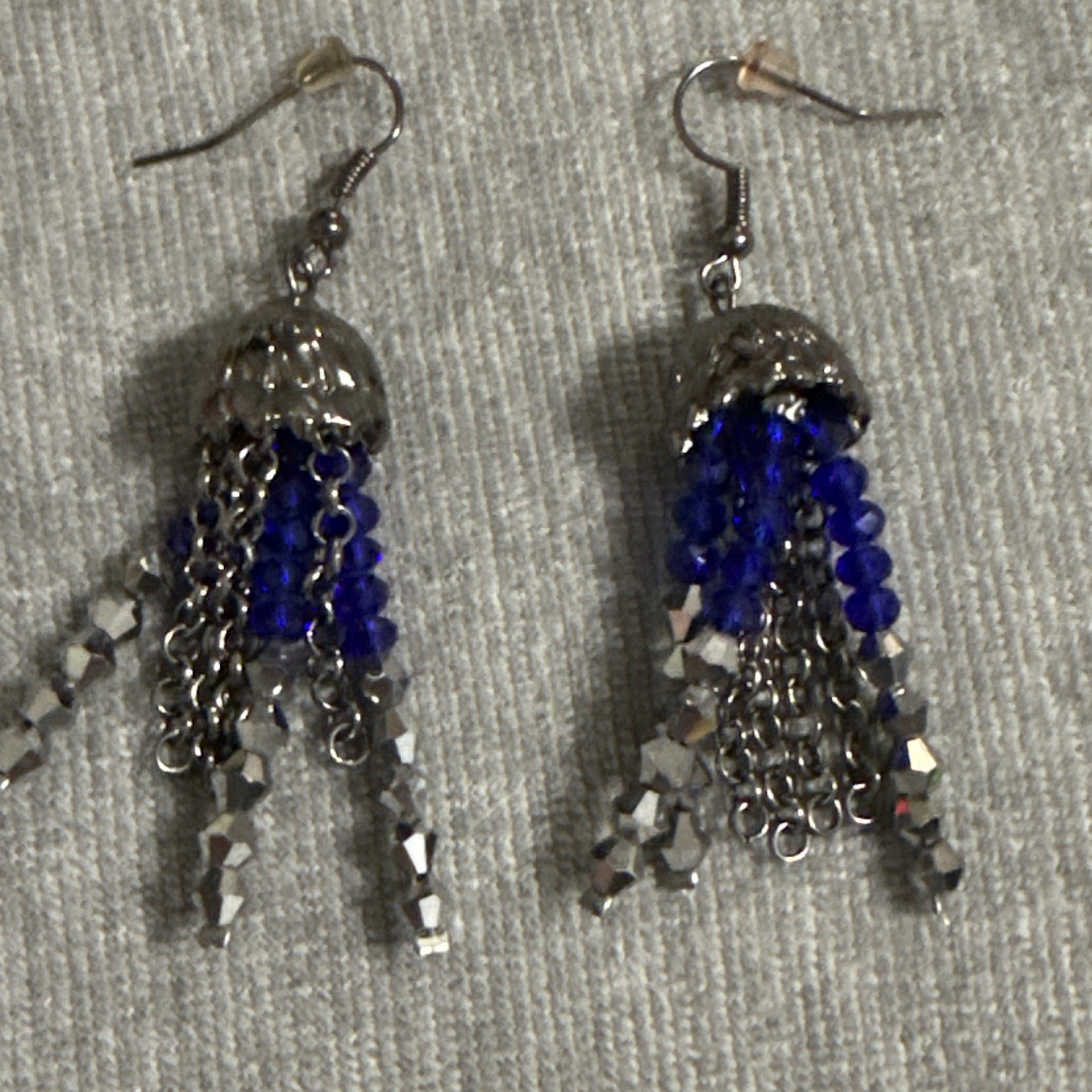 Vintage Silver Chain Artisan Blue Crystal Faceted Bead Fringe Statement Earrings