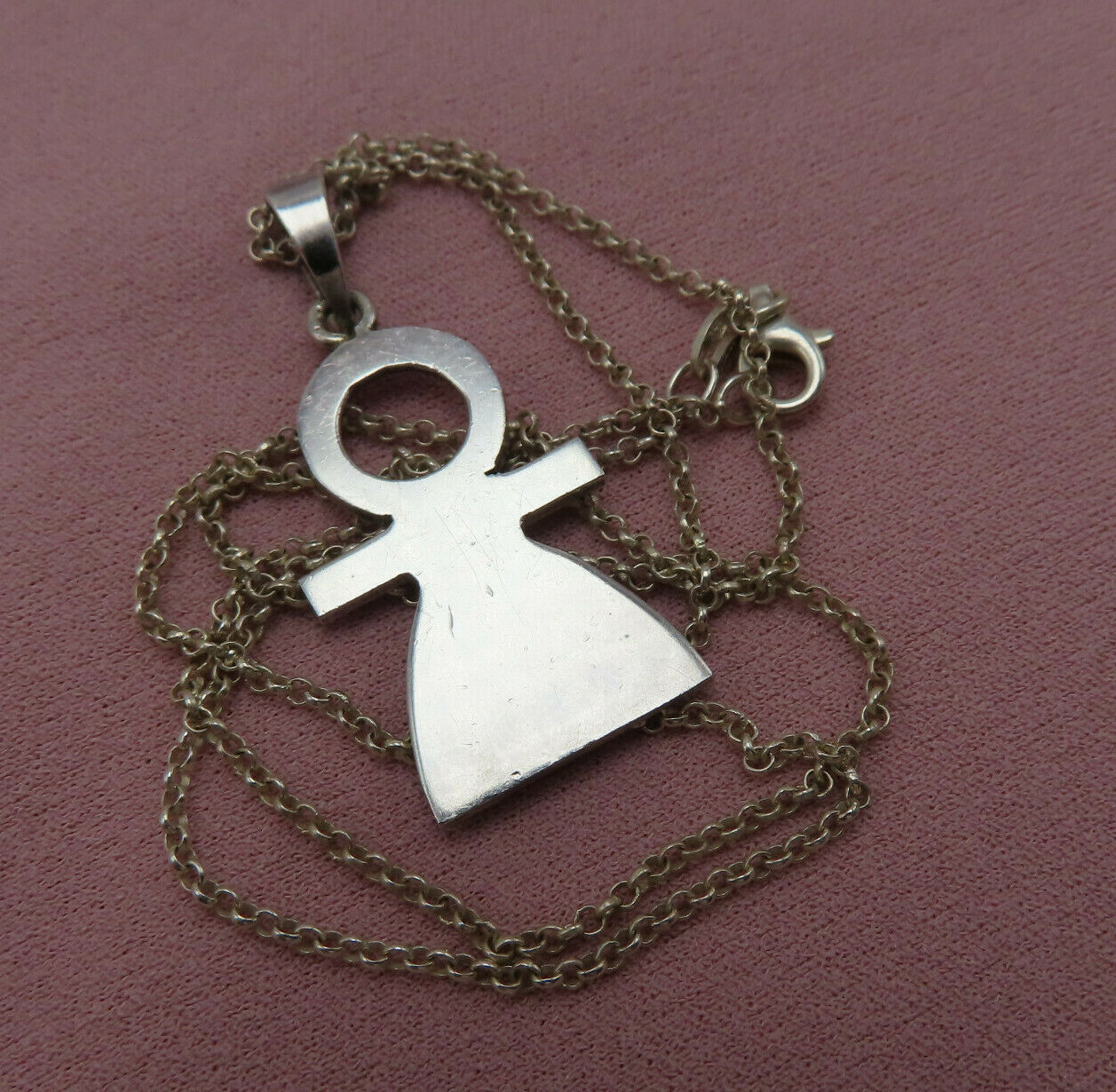 Vintage Sterling Silver Necklace Person Pendant 20 inch Chain Modernist 515a