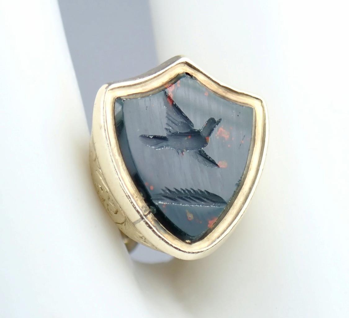 Fab Antique Georgian 9K Gold Bloodstone Floral Bird Pigeon Intaglio Seal Pendant