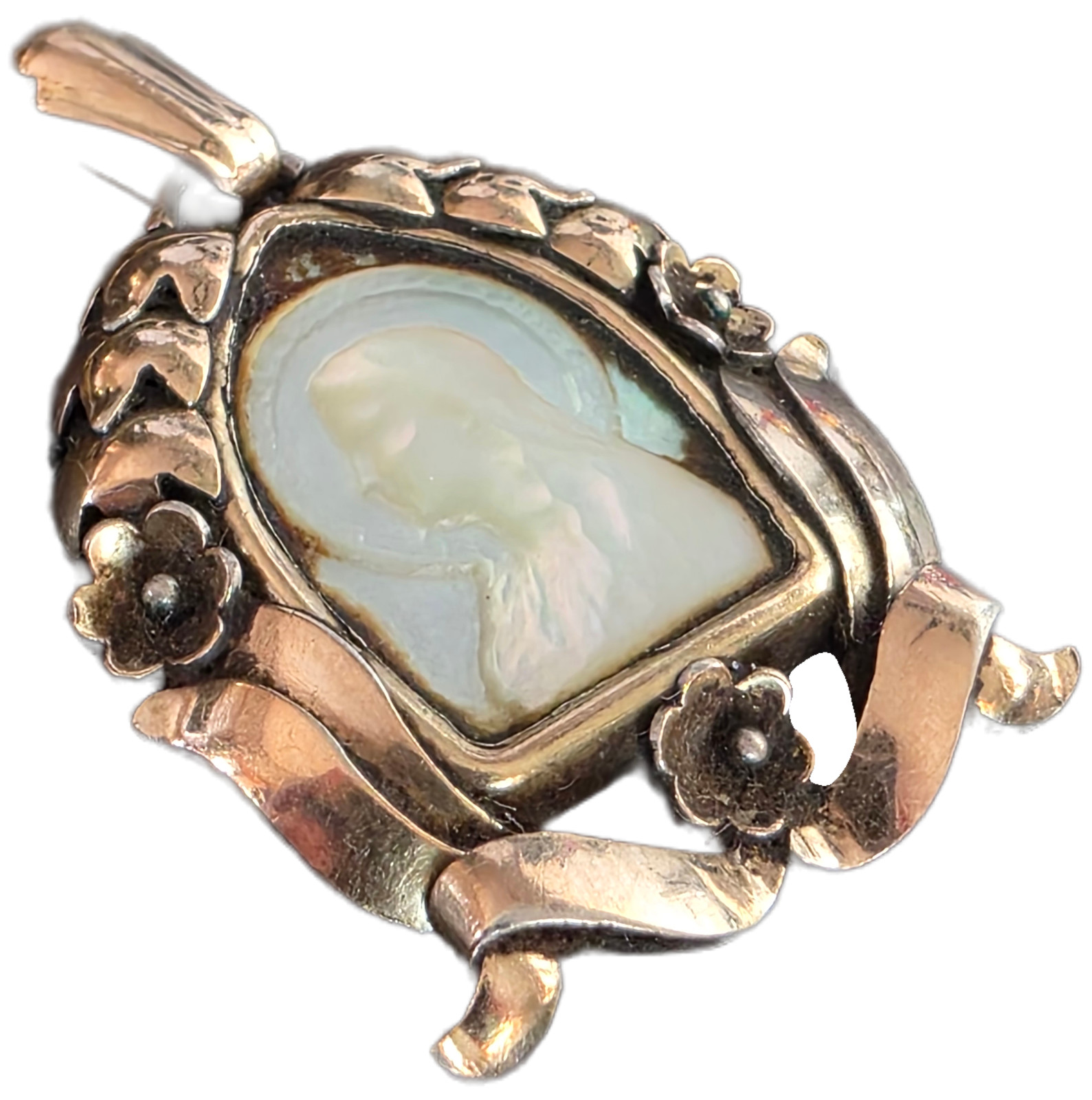 Antique Silver-Gilt Devotional Pendant with Mother-of-Pearl Madonna, c. 1890