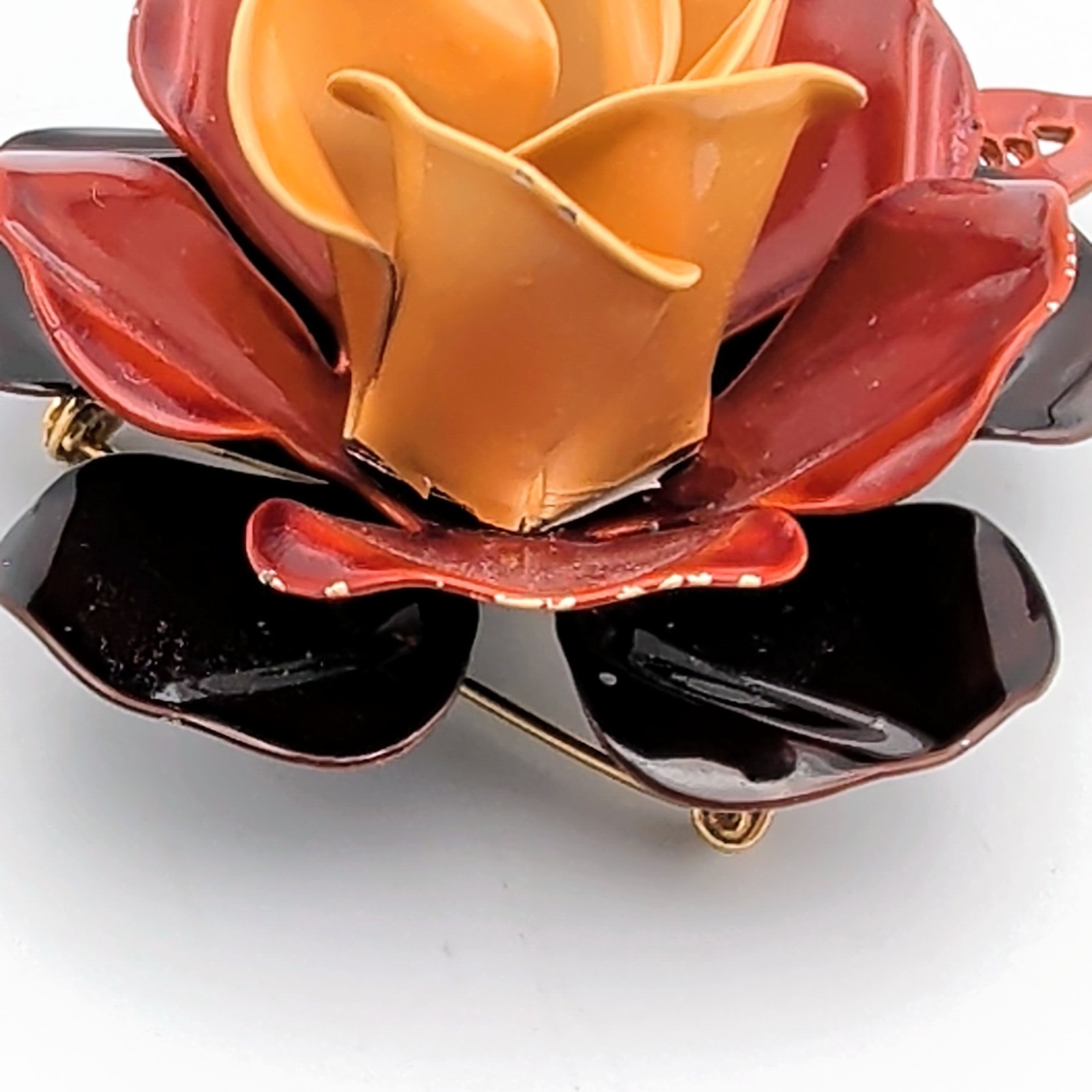 Vtg Yellow Rust Brown Enamel Flower Brooch Mod Pop Art 3D Floral Pin 1960s MCM